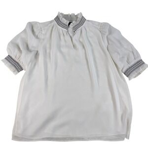 Ann Taylor White Smocked Neck Embroidered Puff Sleeve Blouse Sheer Small Boho